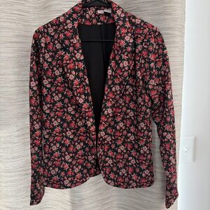 Love on a Hanger Floral Blazer Jacket Women's M Black Red Rose Print Open Front